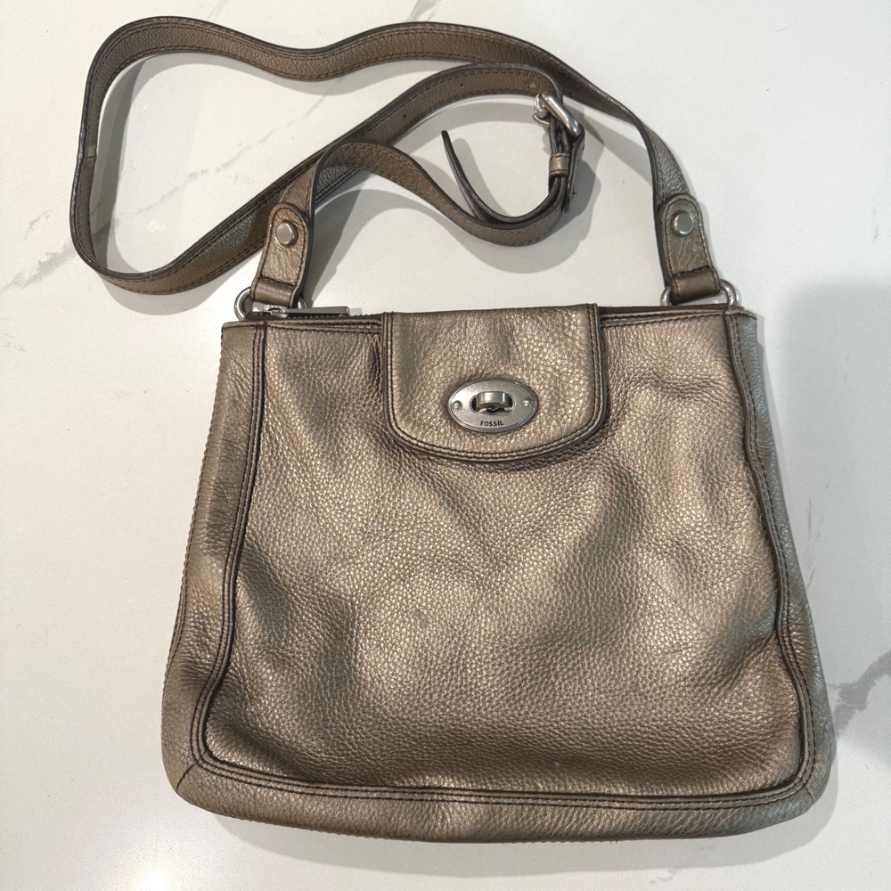 Fossil Metallic Bronze Leather Shoulder Bag Turn Lock Adjustable Crossbody Purse